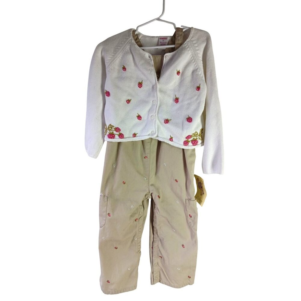 Gymboree Girls 3T White Cardigan Tan Overalls Strawberry Patch Set Embroidered